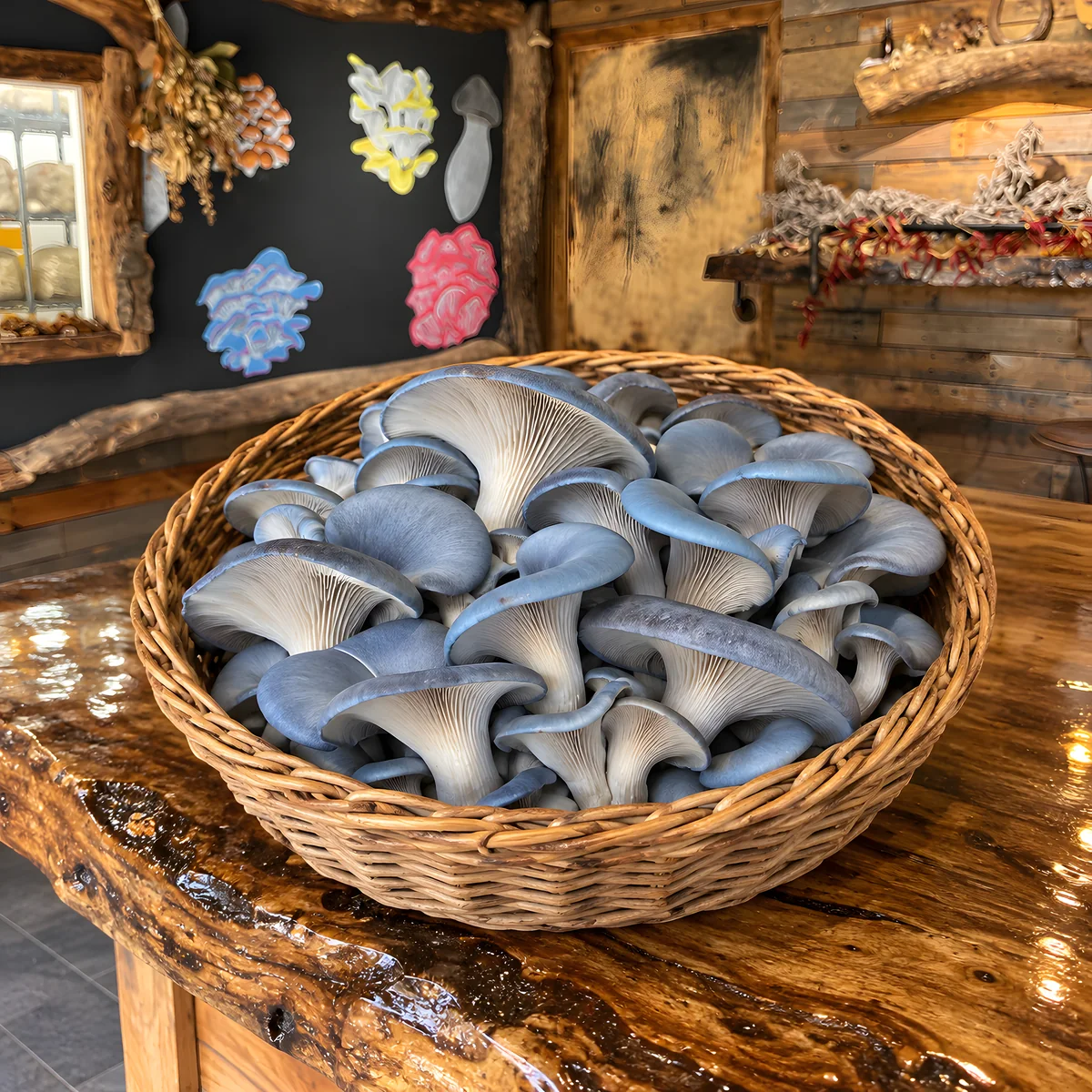 A basket of fresh Blue Oyster mushrooms at the Mush Love shop