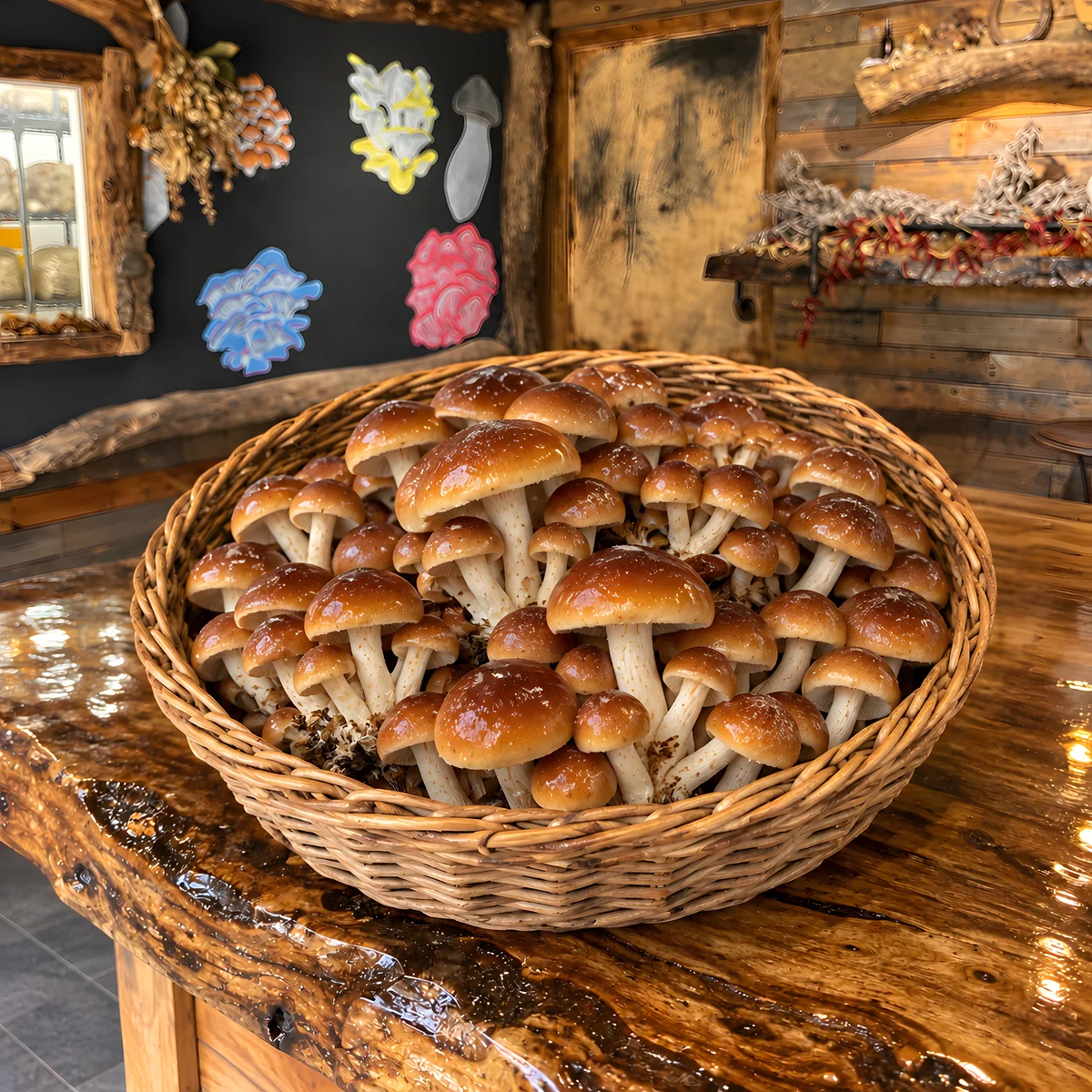 A basket of fresh Chestnut mushrooms at the Mush Love shop