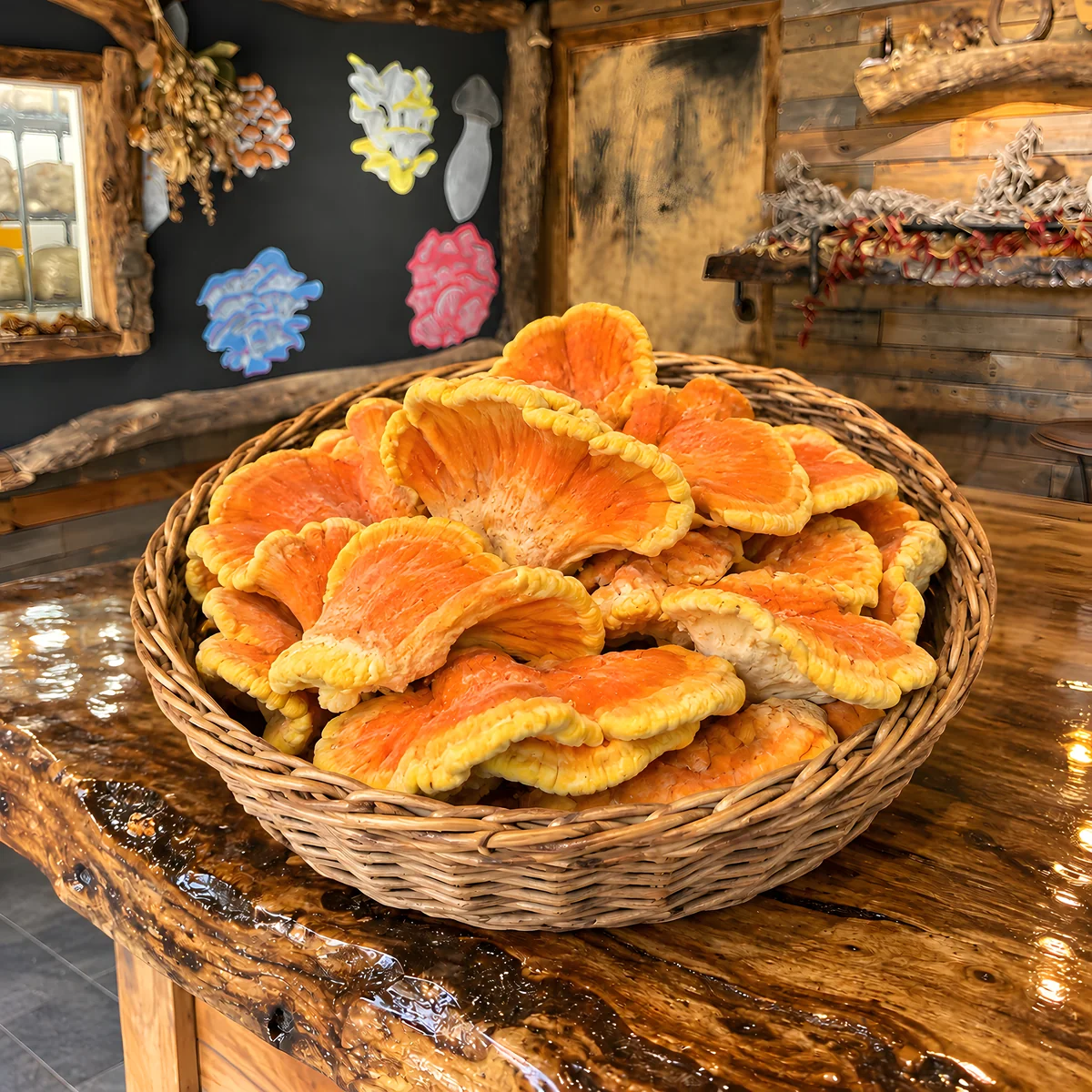 A basket of fresh Chicken of the Woods mushrooms at the Mush Love shop