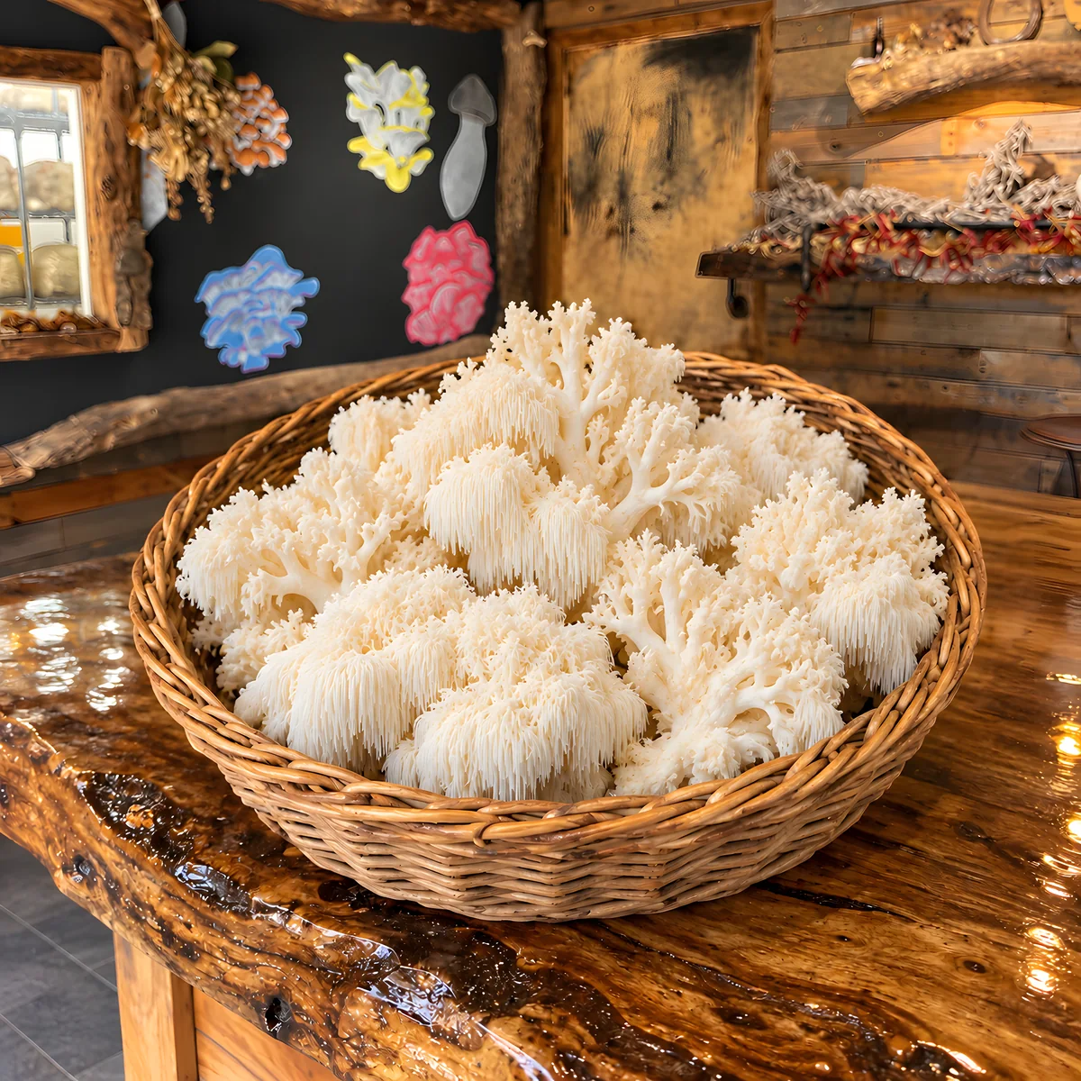 A basket of fresh Coral Tooth mushrooms at the Mush Love shop