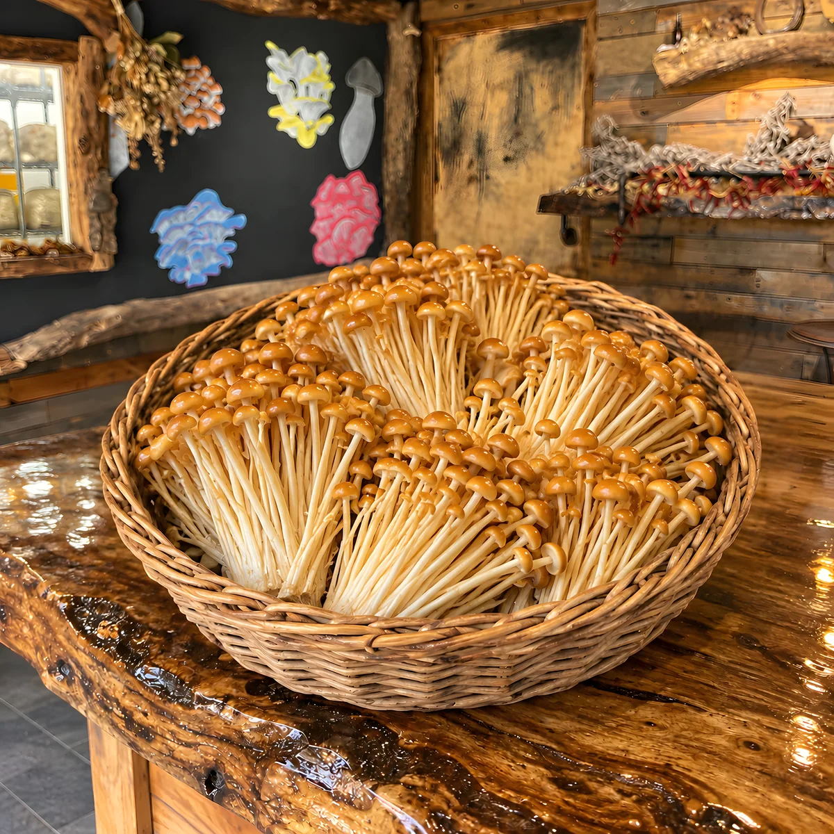 A basket of fresh Gold Enoki mushrooms at the Mush Love shop