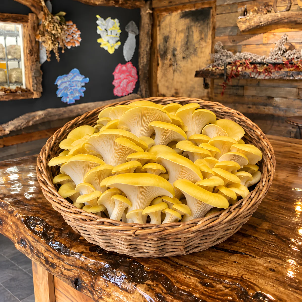 A basket of fresh Gold Oyster mushrooms at the Mush Love shop