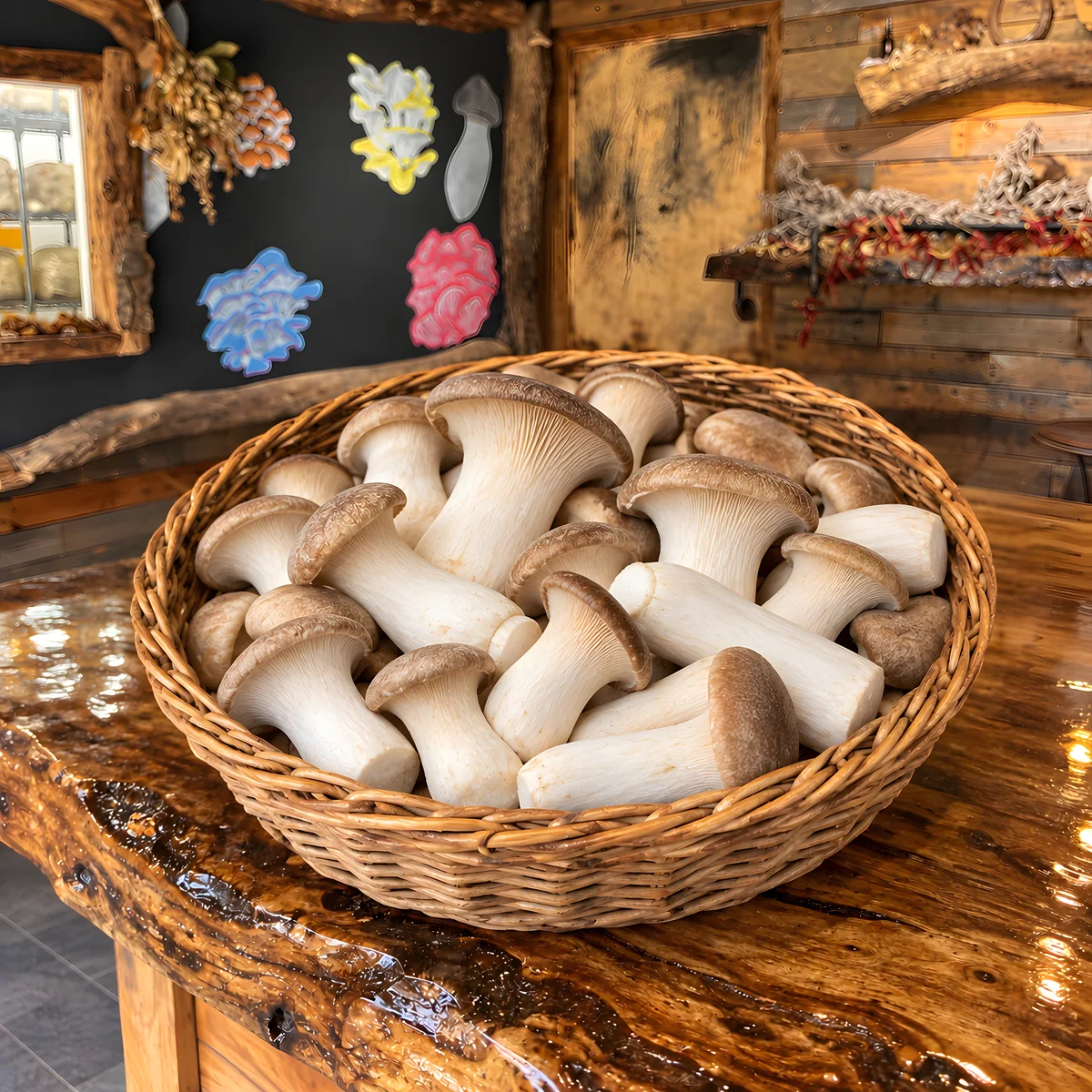 A basket of fresh King Trumpet mushrooms at the Mush Love shop