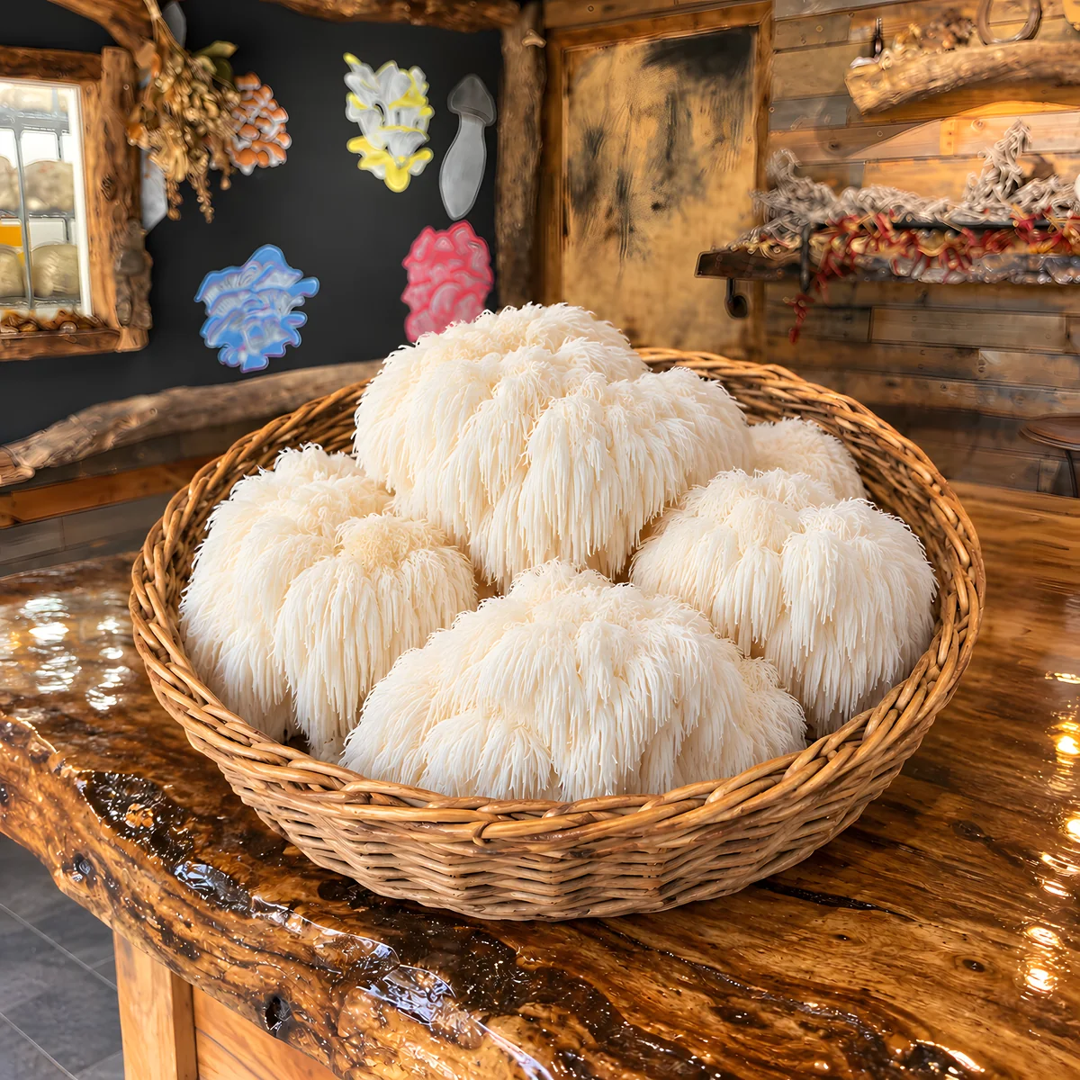 A basket of fresh Lion’s Mane mushrooms at the Mush Love shop