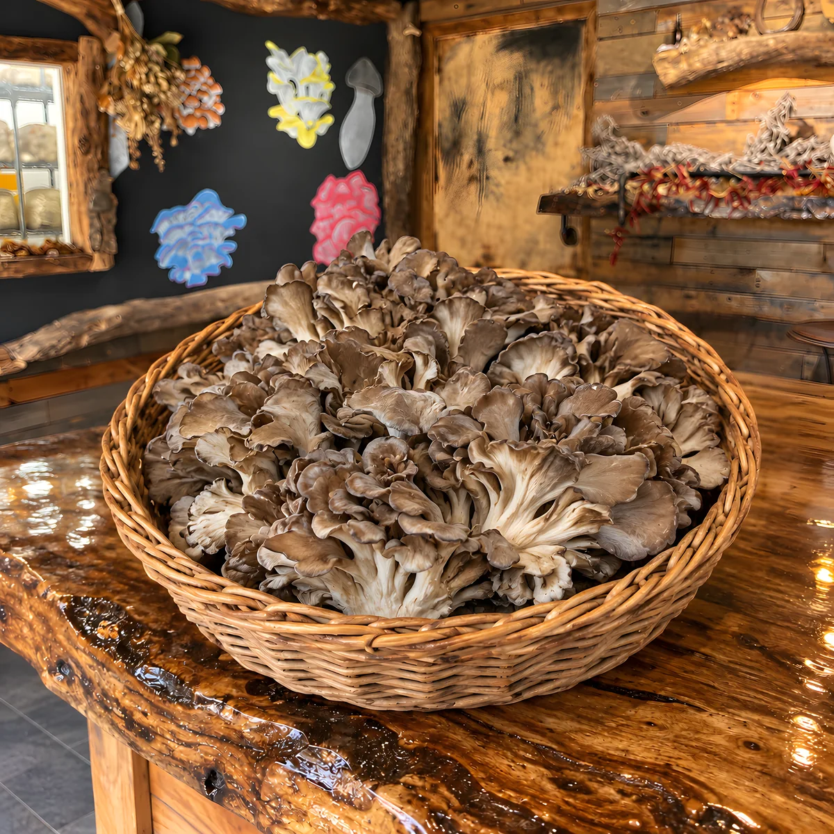 A basket of fresh Maitake mushrooms at the Mush Love shop