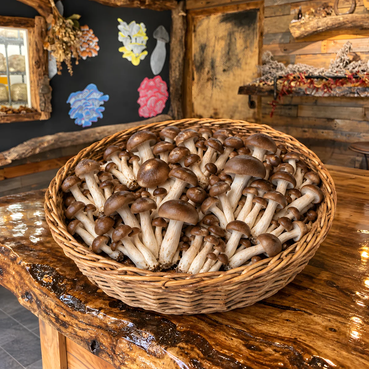 A basket of fresh Pioppini mushrooms at the Mush Love shop