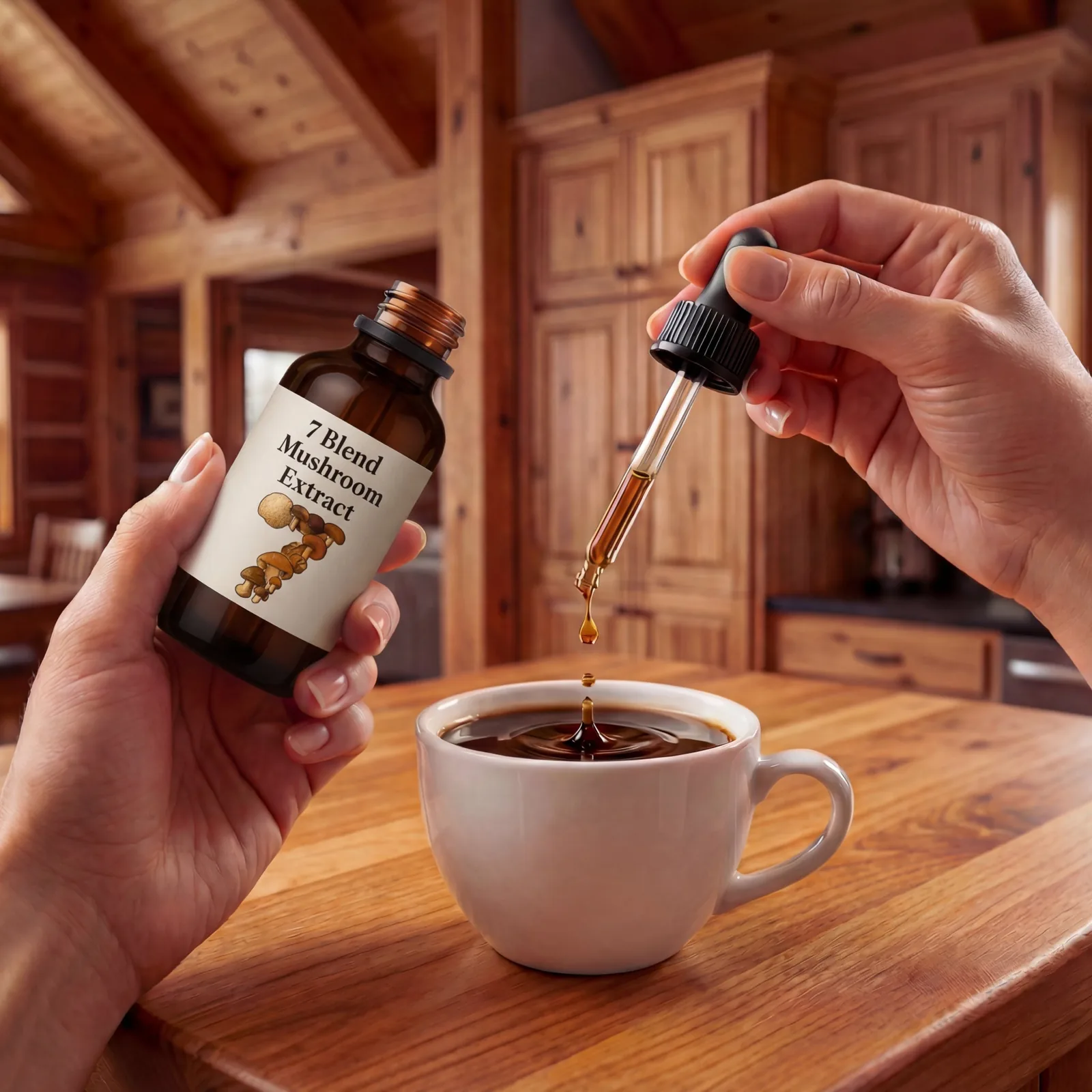 7 Blend Mushroom Tincture dropper over a cup of coffee