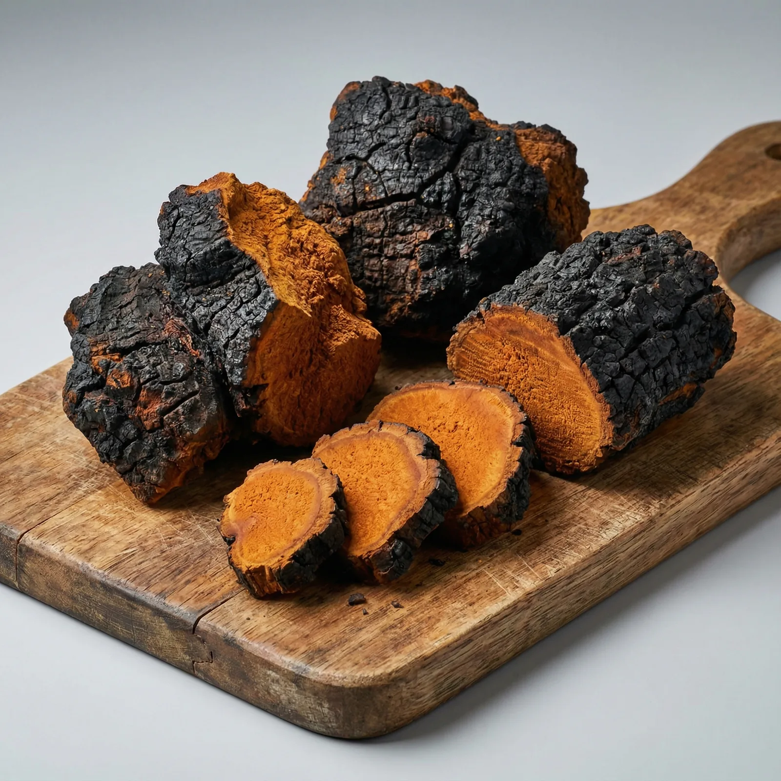 Chaga chunks on a wooden board