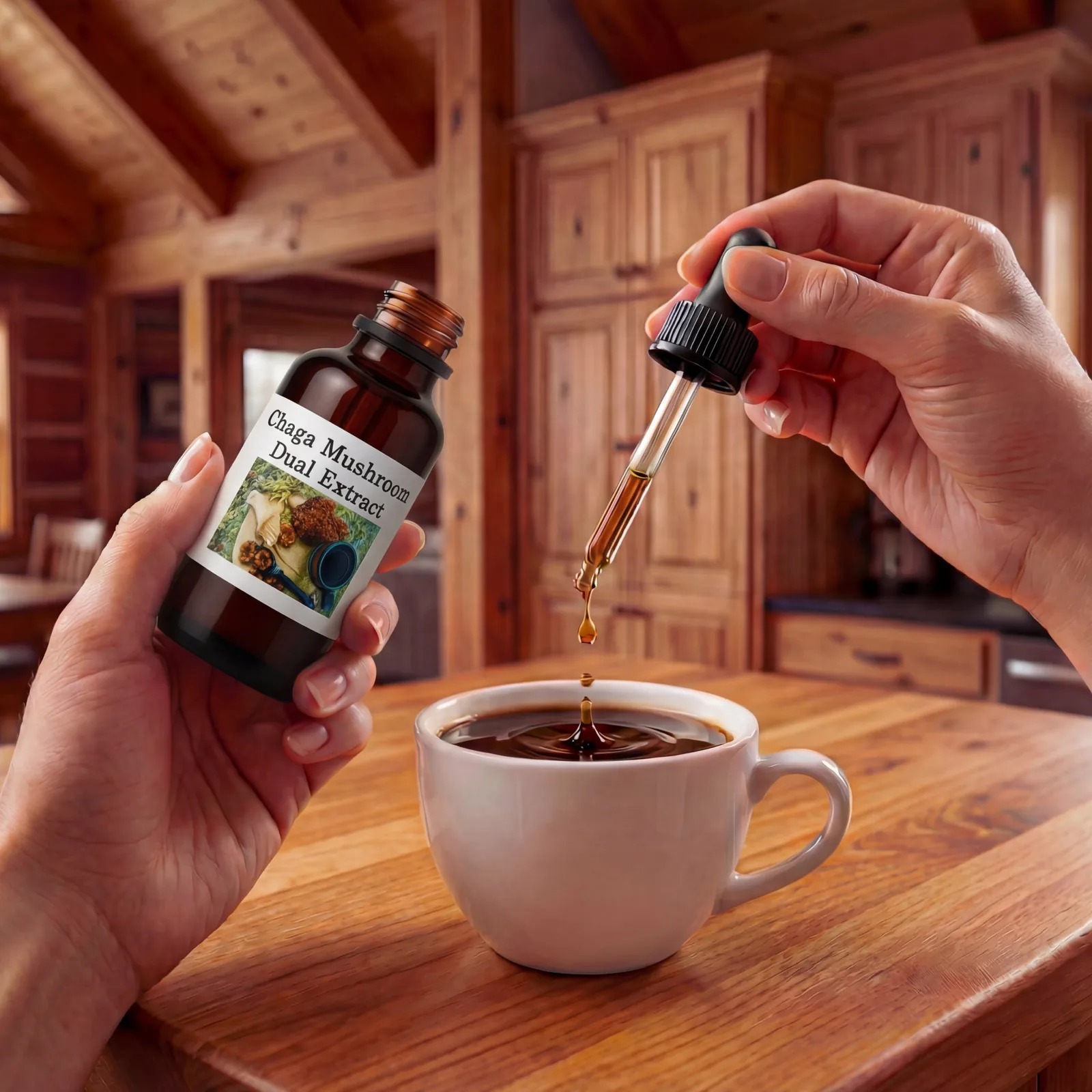 Chaga Tincture dropper over a cup of coffee