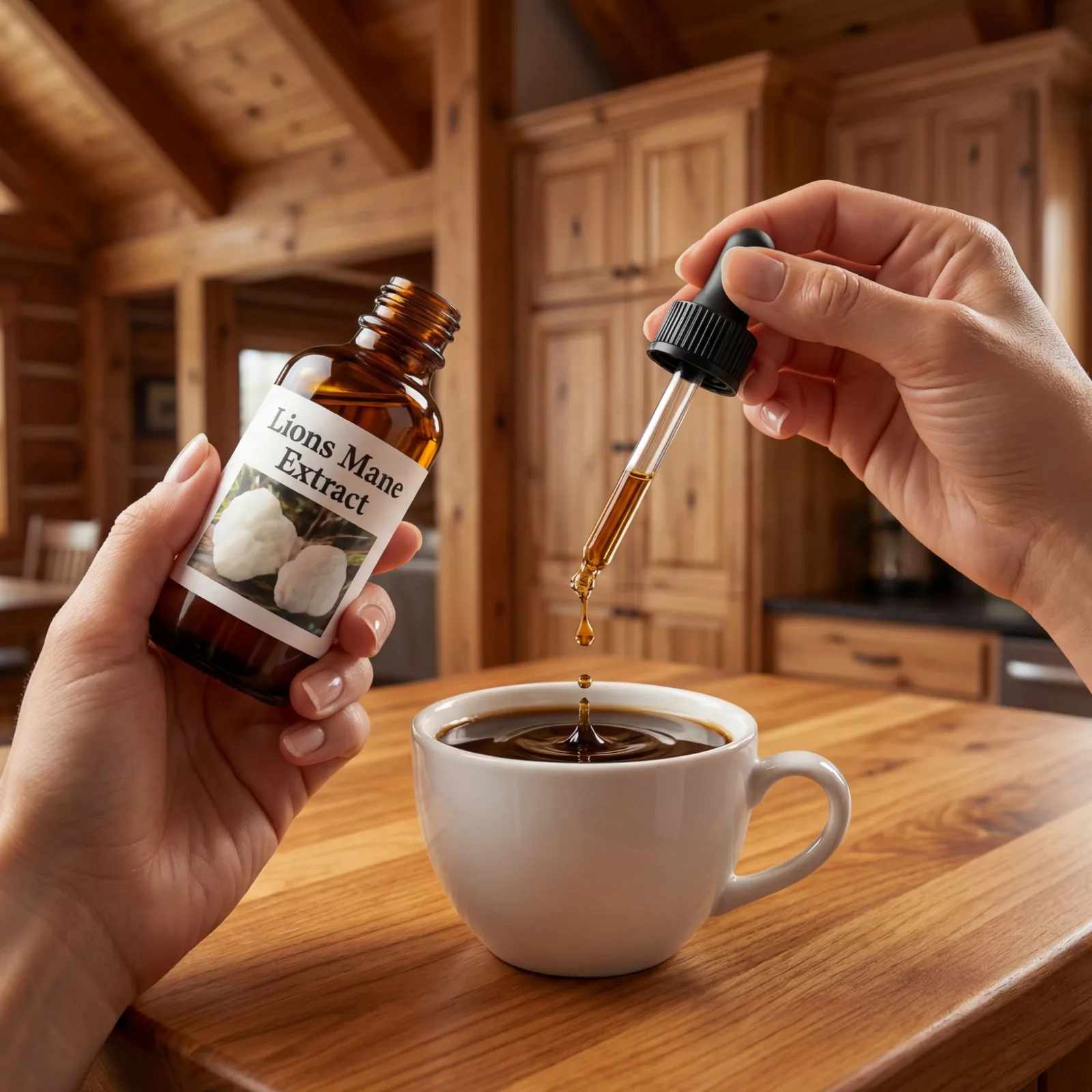 Lion’s Mane Tincture dropper over a cup of coffee