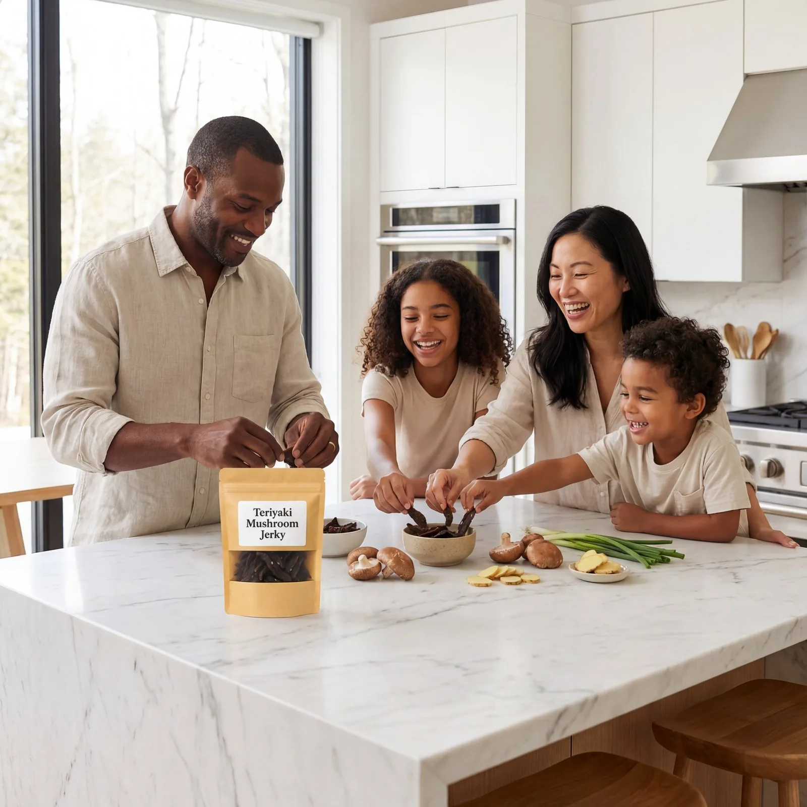 A family sharing jerky in the kitchen