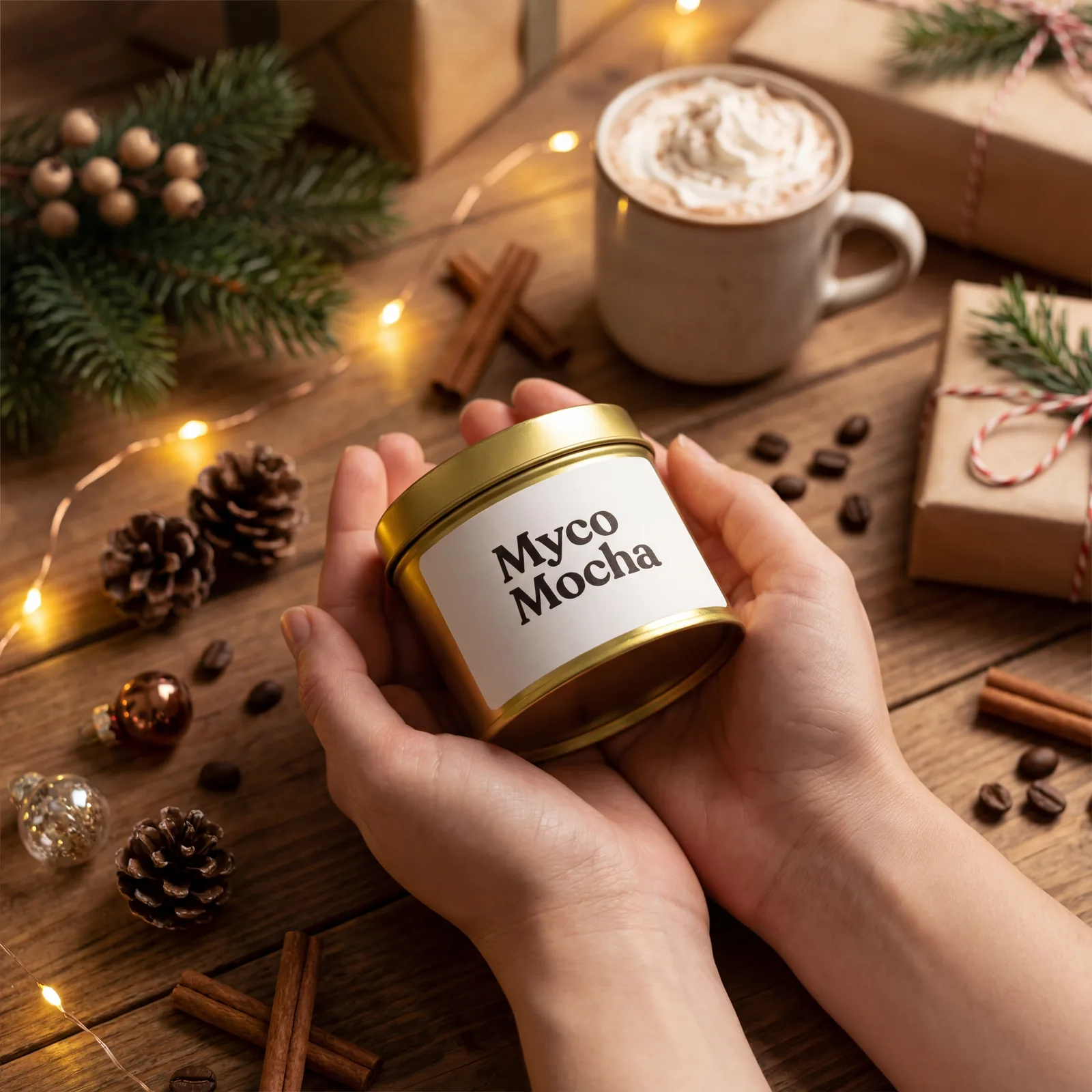 Hands holding a tin of Myco Mocha