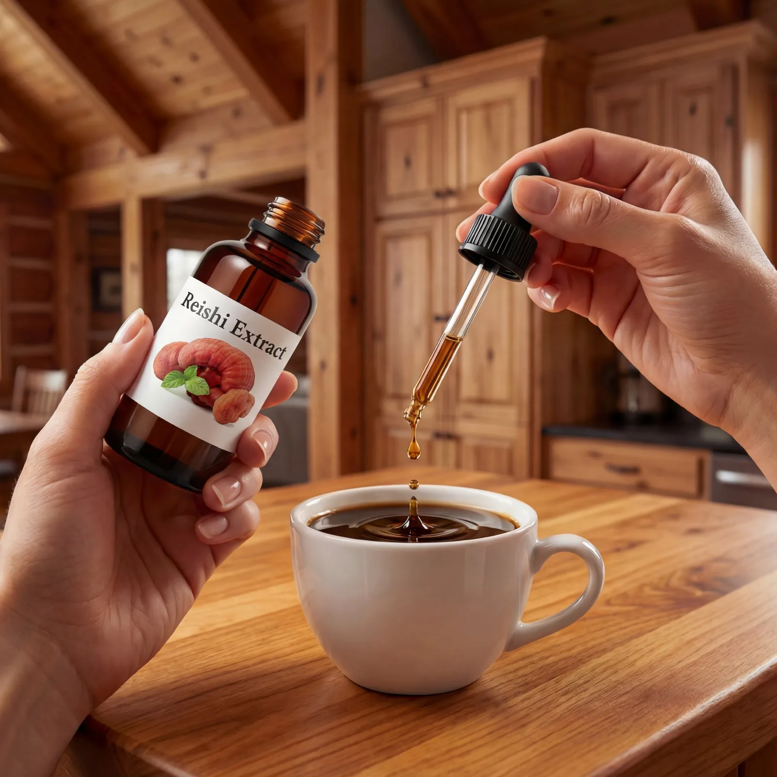 Reishi Tincture dropper over a cup of coffee