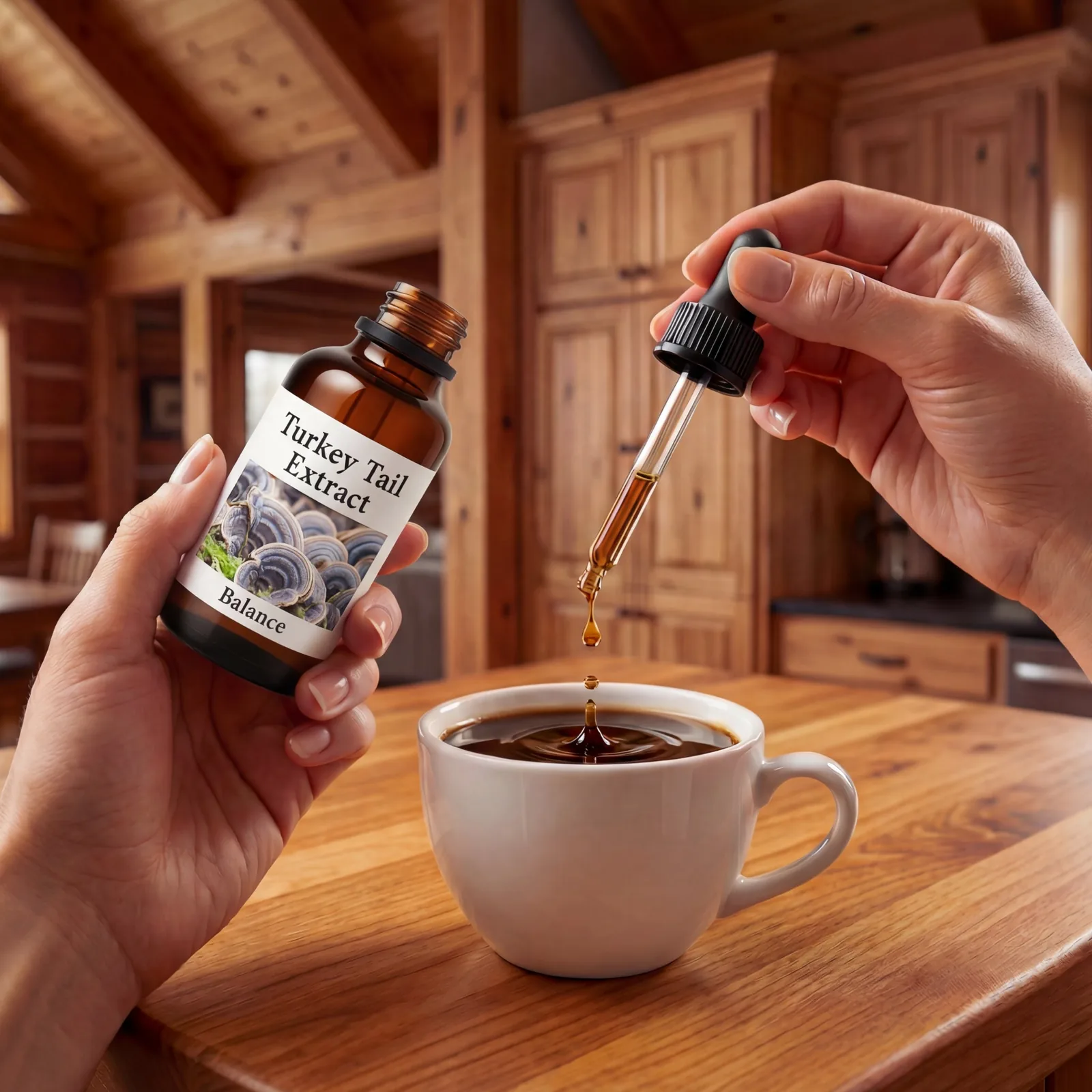 Turkey Tail Tincture dropper over a cup of coffee