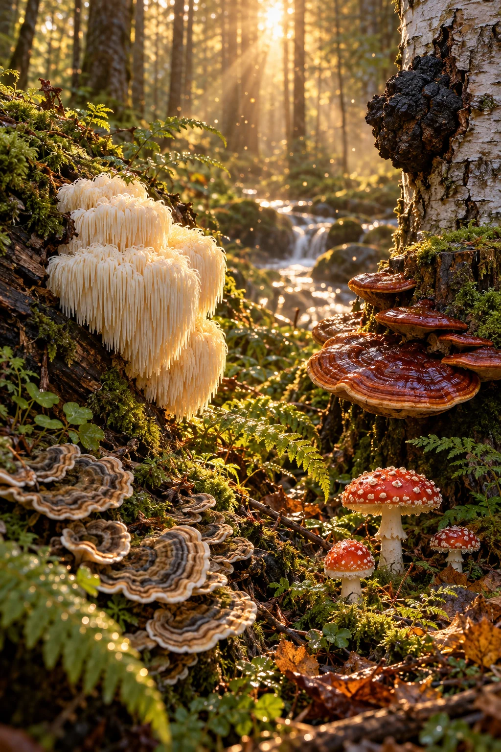 Lion’s mane, oyster and reishi mushrooms on a mossy forest floor